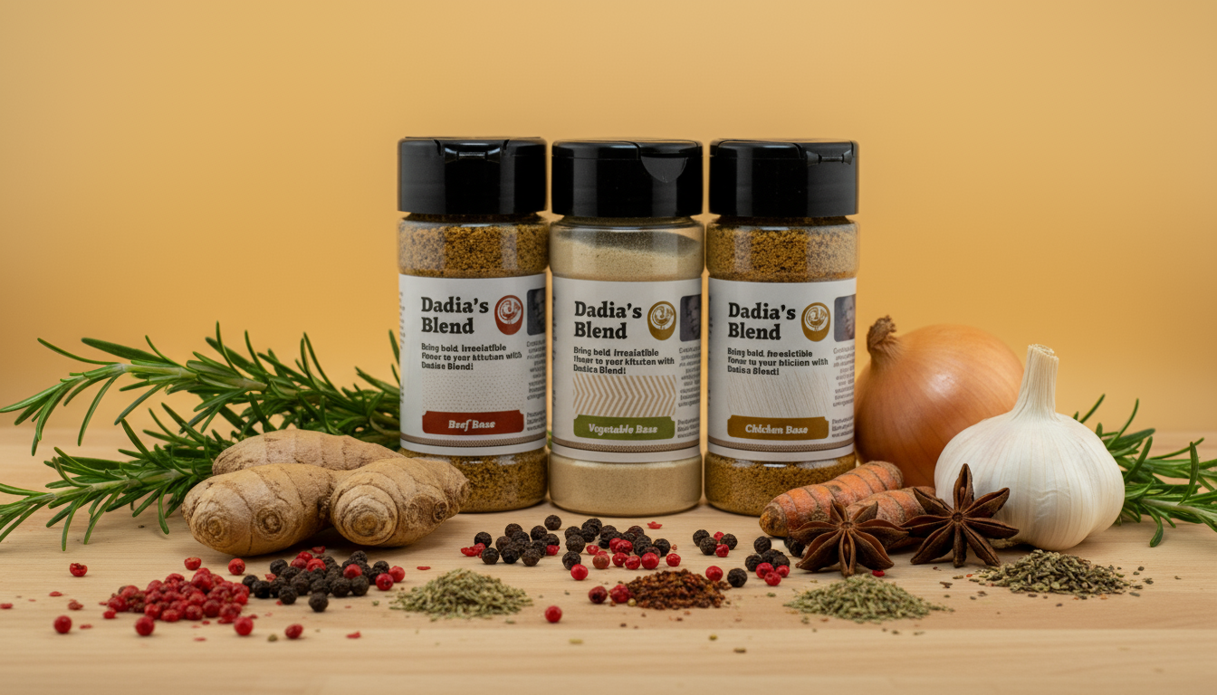 Dadia's beef, vegetable and chicken seasoning blends surrounded by fresh herbs and spices